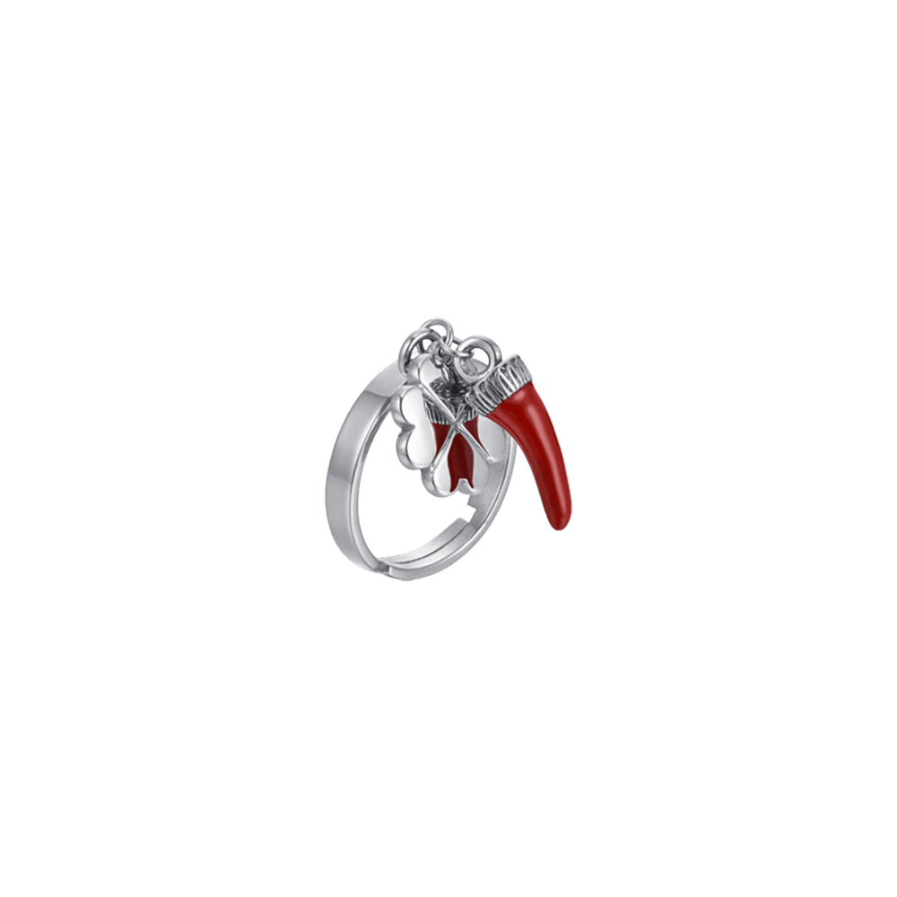 ANELLO DONNA IN ACCIAIO CON CORNO CON SMALTO ROSSO E QUADRIFOGLIO Luca Barra