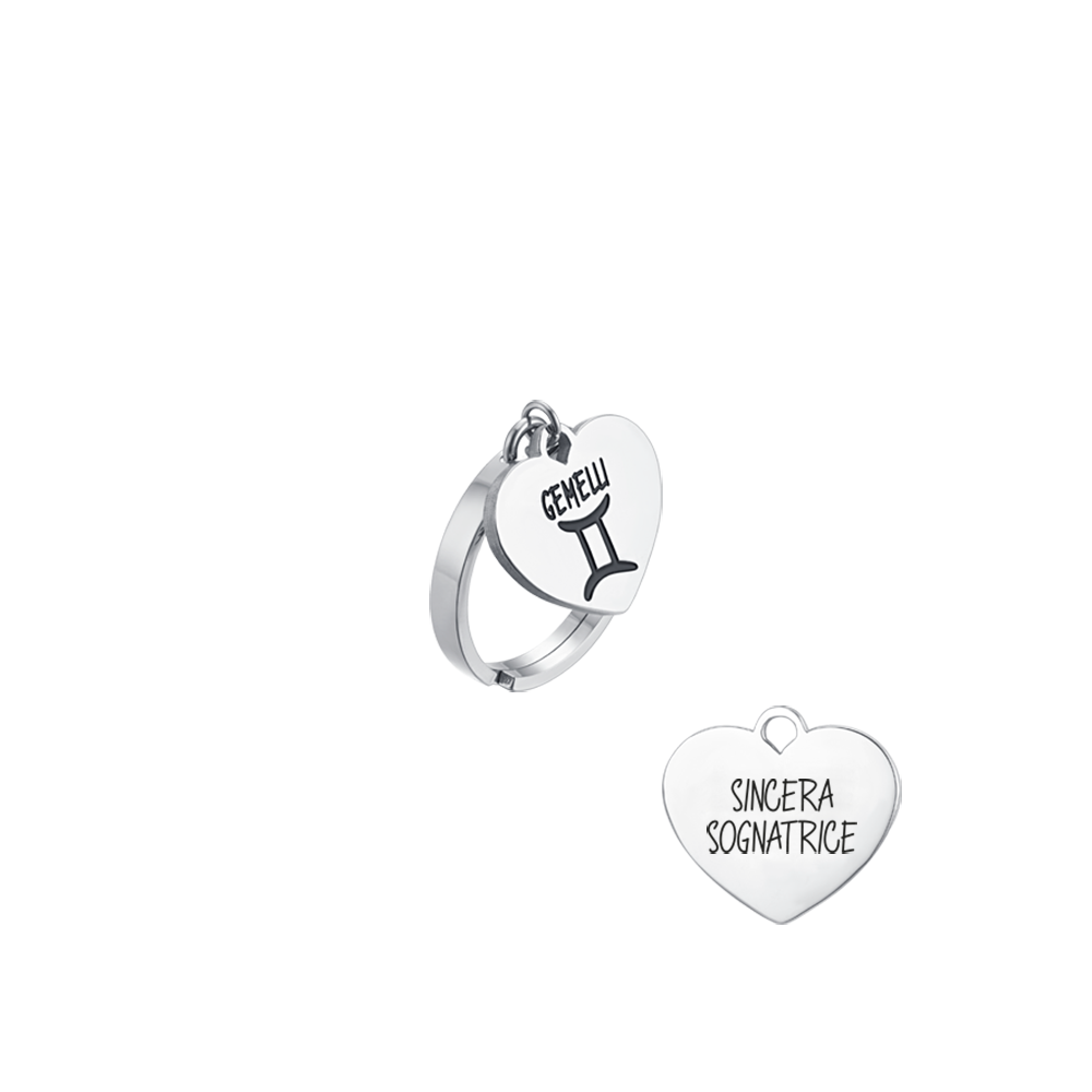 ANELLO DONNA IN ACCIAIO SEGNO ZODIACALE GEMELLI CON CUORE