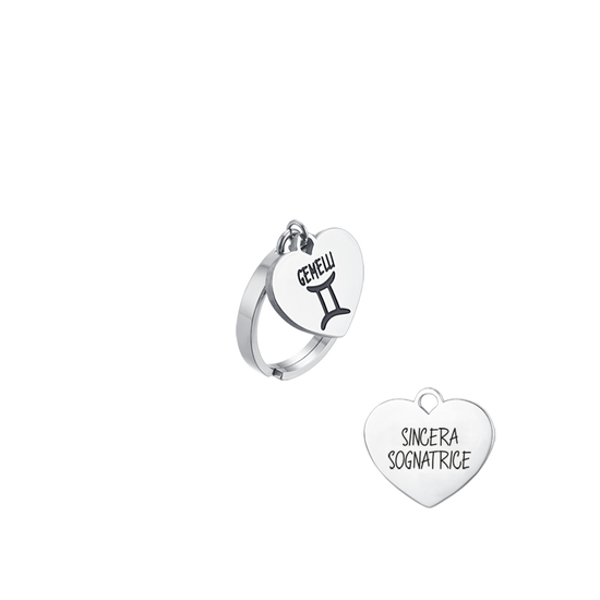 ANELLO DONNA IN ACCIAIO SEGNO ZODIACALE GEMELLI CON CUORE Luca Barra