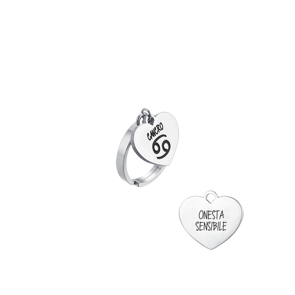 ANELLO DONNA IN ACCIAIO SEGNO ZODIACALE CANCRO CON CUORE