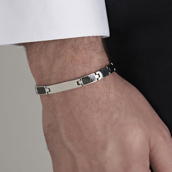 BRACCIALE UOMO CON PIASTRA IN ACCIAIO ED ELEMENTI NERI