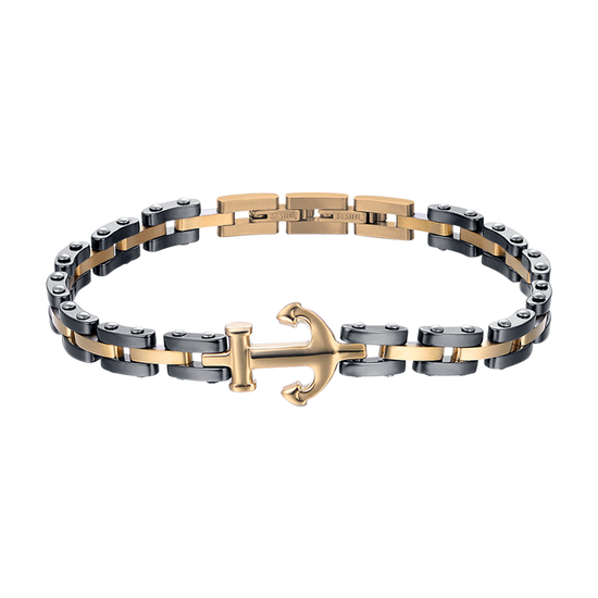 BRACCIALE UOMO IN ACCIAIO IP ROSE CON ELEMENTI IN CERAMICA NERA ED ANCORA