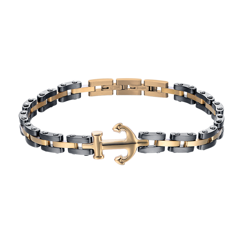 BRACCIALE UOMO IN ACCIAIO IP ROSE CON ELEMENTI IN CERAMICA NERA ED ANCORA