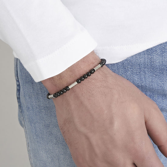 BRACCIALE UOMO IN ACCIAIO CON PIETRE NERE ED ELEMENTI IN ACCIAIO Luca Barra