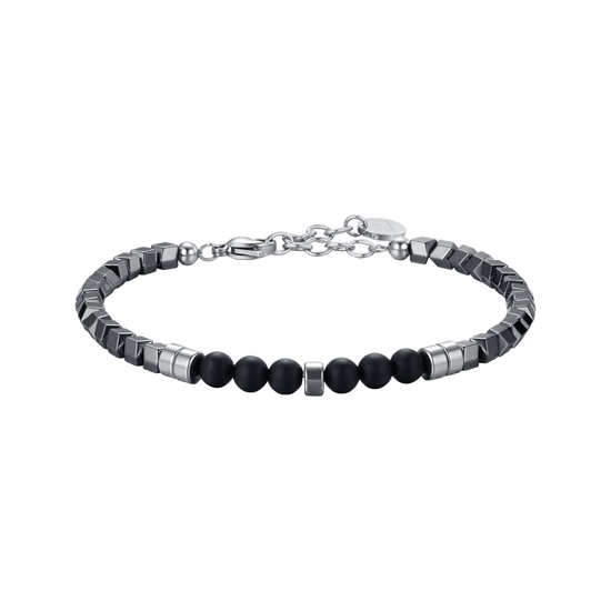 BRACCIALE UOMO IN ACCIAIO CON EMATITE IP GRIGIO E PIETRE NERE