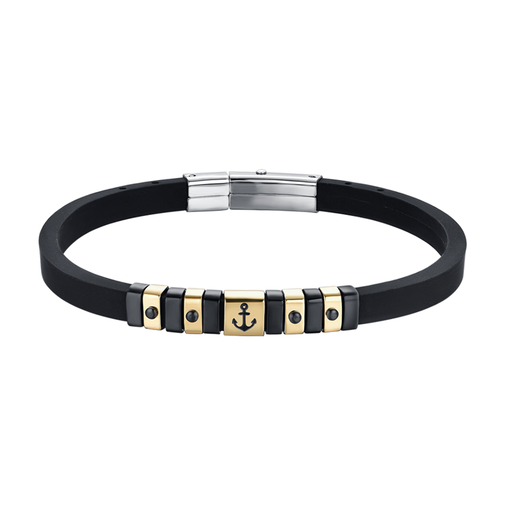 BRACCIALE UOMO SILICONE NERO CON ELEMENTI IN ACCIAIO IP GOLD E NERO CON ANCORA