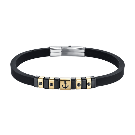 BRACCIALE UOMO SILICONE NERO CON ELEMENTI IN ACCIAIO IP GOLD E NERO CON ANCORA