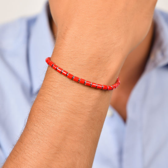 BRACCIALE UOMO IN ACCIAIO CON PIETRE ROSSE