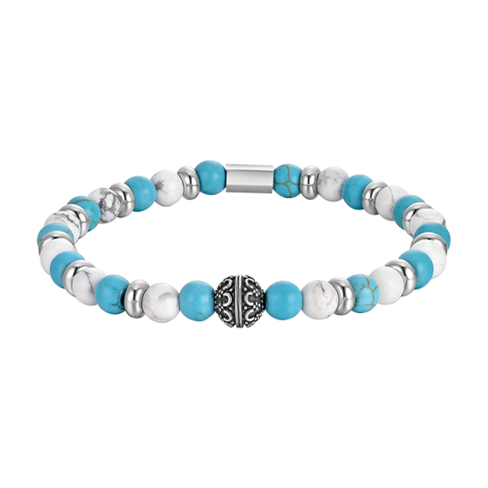 BRACCIALE UOMO ELASTICO CON PIETRE BLU E BIANCHE ED ELEMENTI IN ACCIAIO