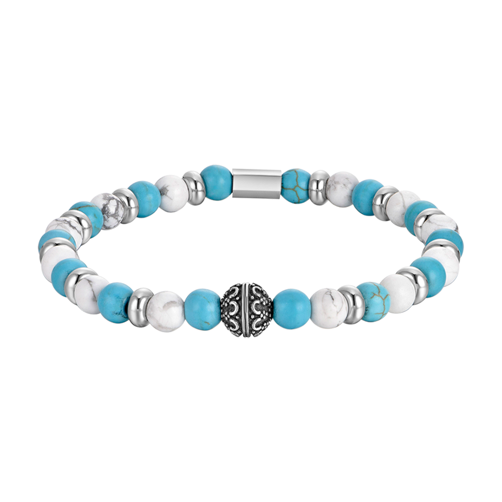 BRACCIALE UOMO ELASTICO CON PIETRE BLU E BIANCHE ED ELEMENTI IN ACCIAIO