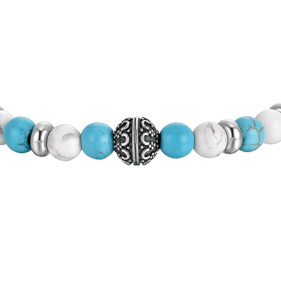 BRACCIALE UOMO ELASTICO CON PIETRE BLU E BIANCHE ED ELEMENTI IN ACCIAIO