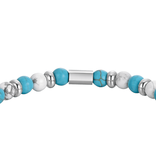 BRACCIALE UOMO ELASTICO CON PIETRE BLU E BIANCHE ED ELEMENTI IN ACCIAIO