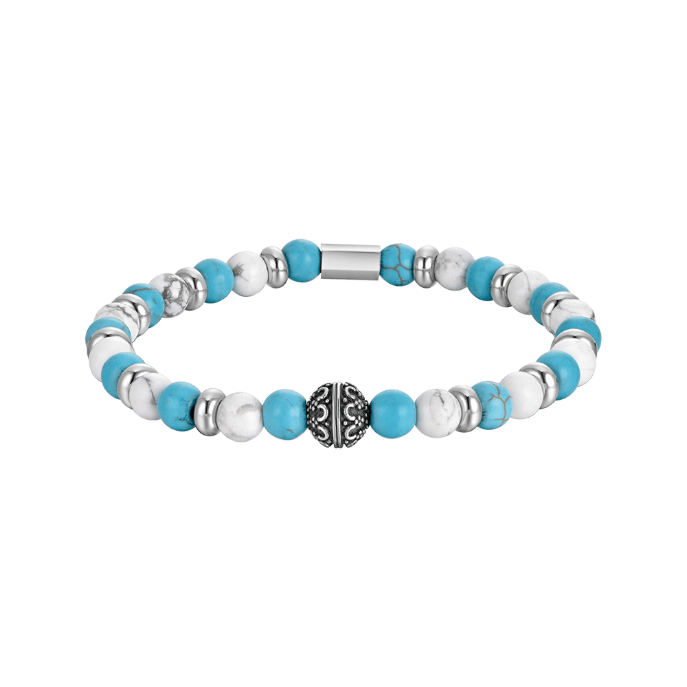 BRACCIALE UOMO ELASTICO CON PIETRE BLU E BIANCHE ED ELEMENTI IN ACCIAIO