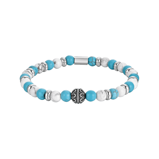 BRACCIALE UOMO ELASTICO CON PIETRE BLU E BIANCHE ED ELEMENTI IN ACCIAIO