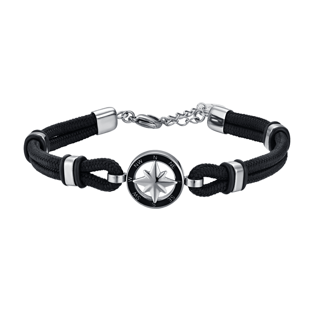 BRACCIALE UOMO IN CORDA NERA CON ROSA DEI VENTI CON SMALTO NERO