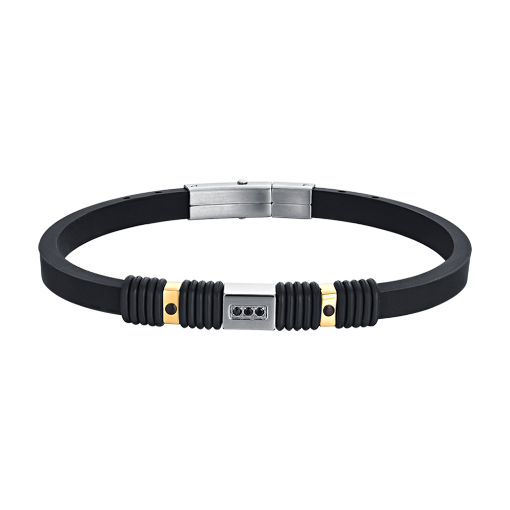 BRACCIALE UOMO IN SILICONE NERO CON ELEMENTI IN ACCIAIO IP NERO E IP GOLD