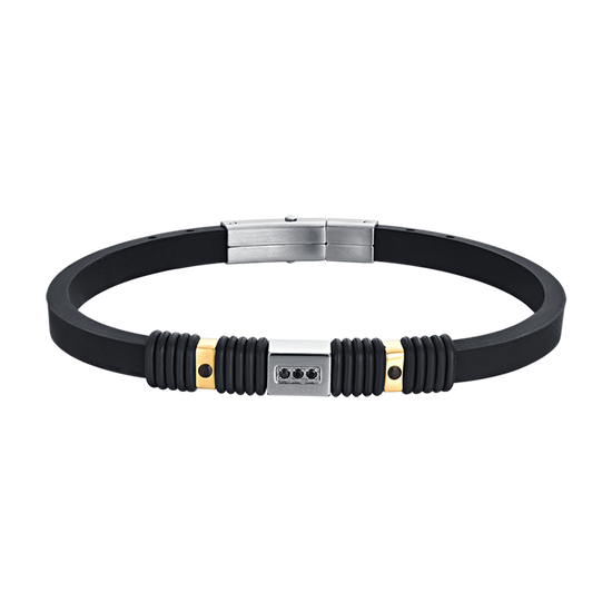 BRACCIALE UOMO IN SILICONE NERO CON ELEMENTI IN ACCIAIO IP NERO E IP GOLD