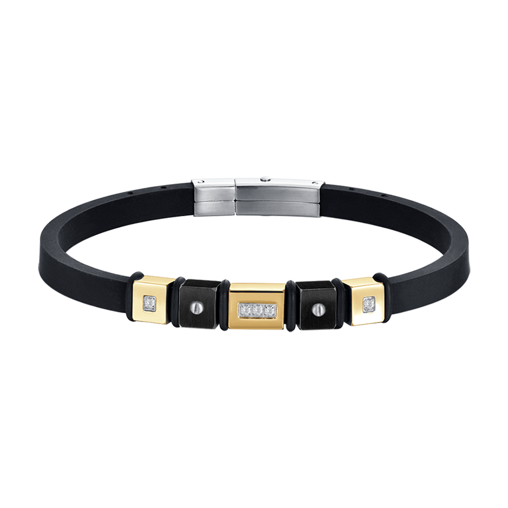 BRACCIALE UOMO IN SILICONE NERO CON ELEMENTI IN ACCIAIO IP GOLD ED IP NERO