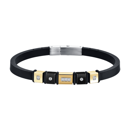 BRACCIALE UOMO IN SILICONE NERO CON ELEMENTI IN ACCIAIO IP GOLD ED IP NERO