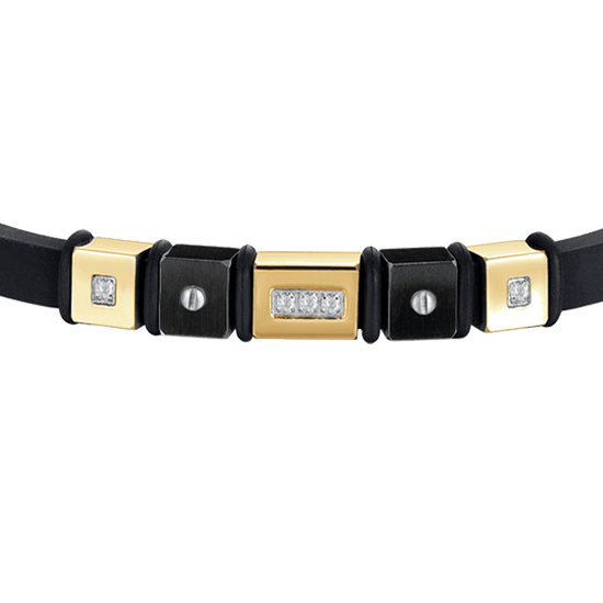 BRACCIALE UOMO IN SILICONE NERO CON ELEMENTI IN ACCIAIO IP GOLD ED IP NERO