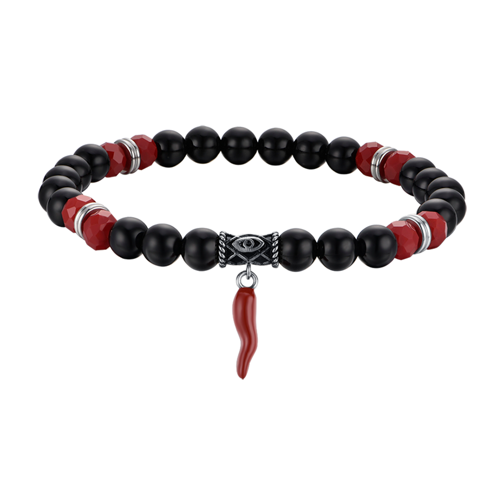 BRACCIALE UOMO ELASTICO CON PIETRE NERE E ROSSE E CORNO ROSSO