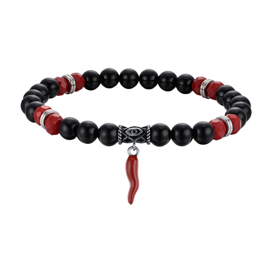 BRACCIALE UOMO ELASTICO CON PIETRE NERE E ROSSE E CORNO ROSSO