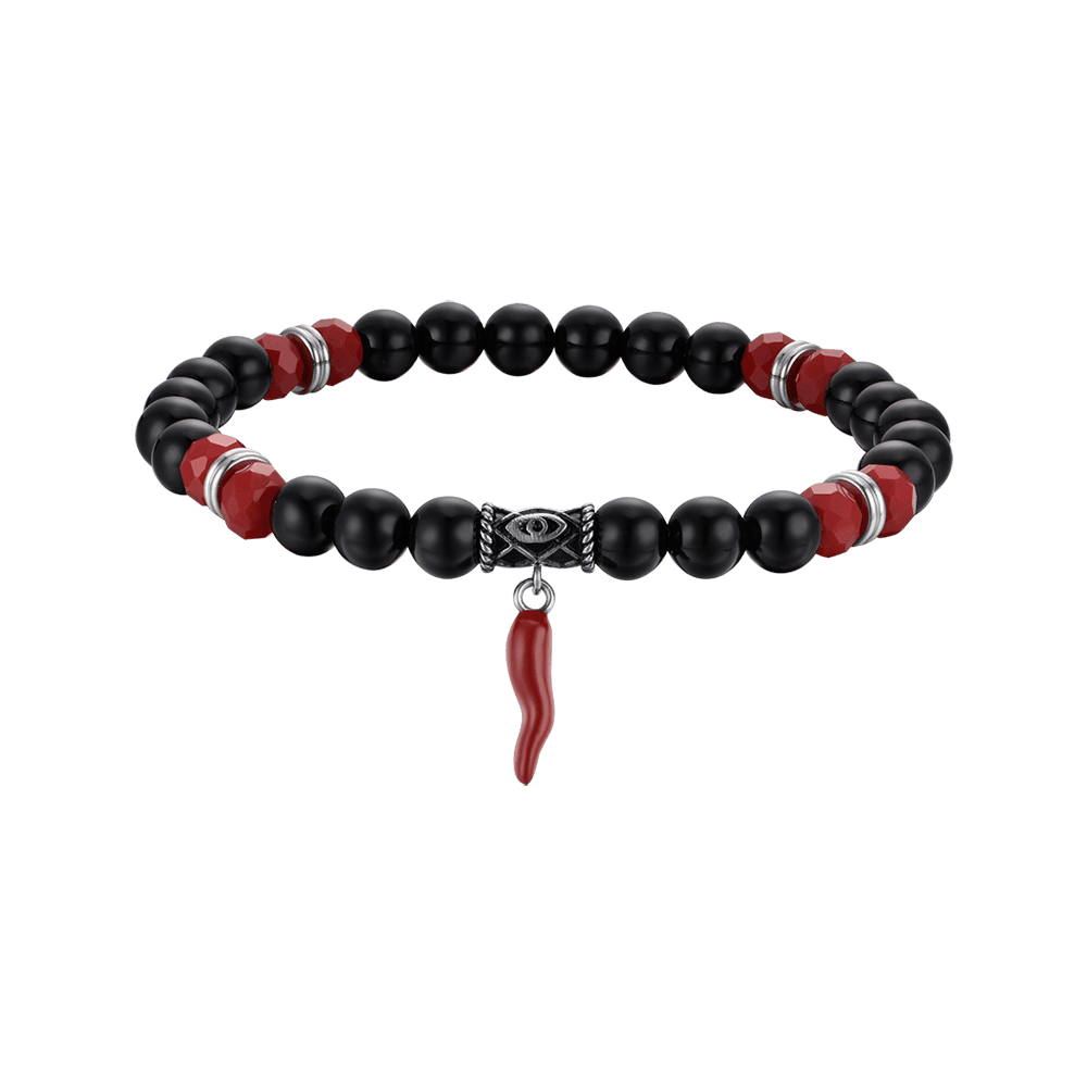 BRACCIALE UOMO ELASTICO CON PIETRE NERE E ROSSE E CORNO ROSSO