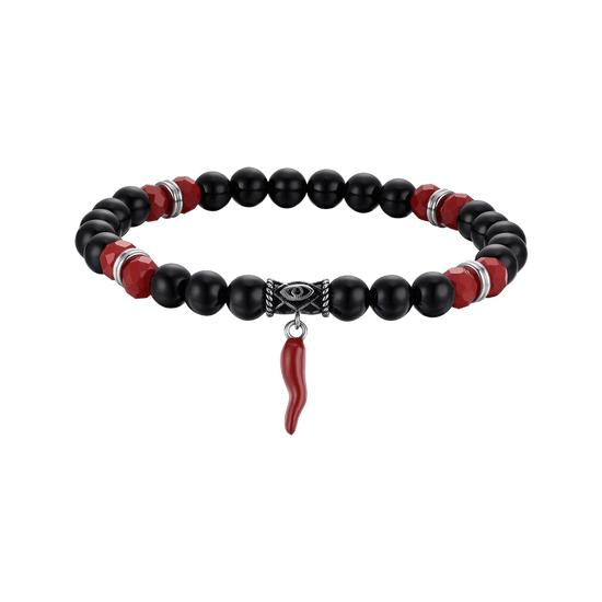 BRACCIALE UOMO ELASTICO CON PIETRE NERE E ROSSE E CORNO ROSSO