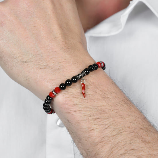 BRACCIALE UOMO ELASTICO CON PIETRE NERE E ROSSE E CORNO ROSSO