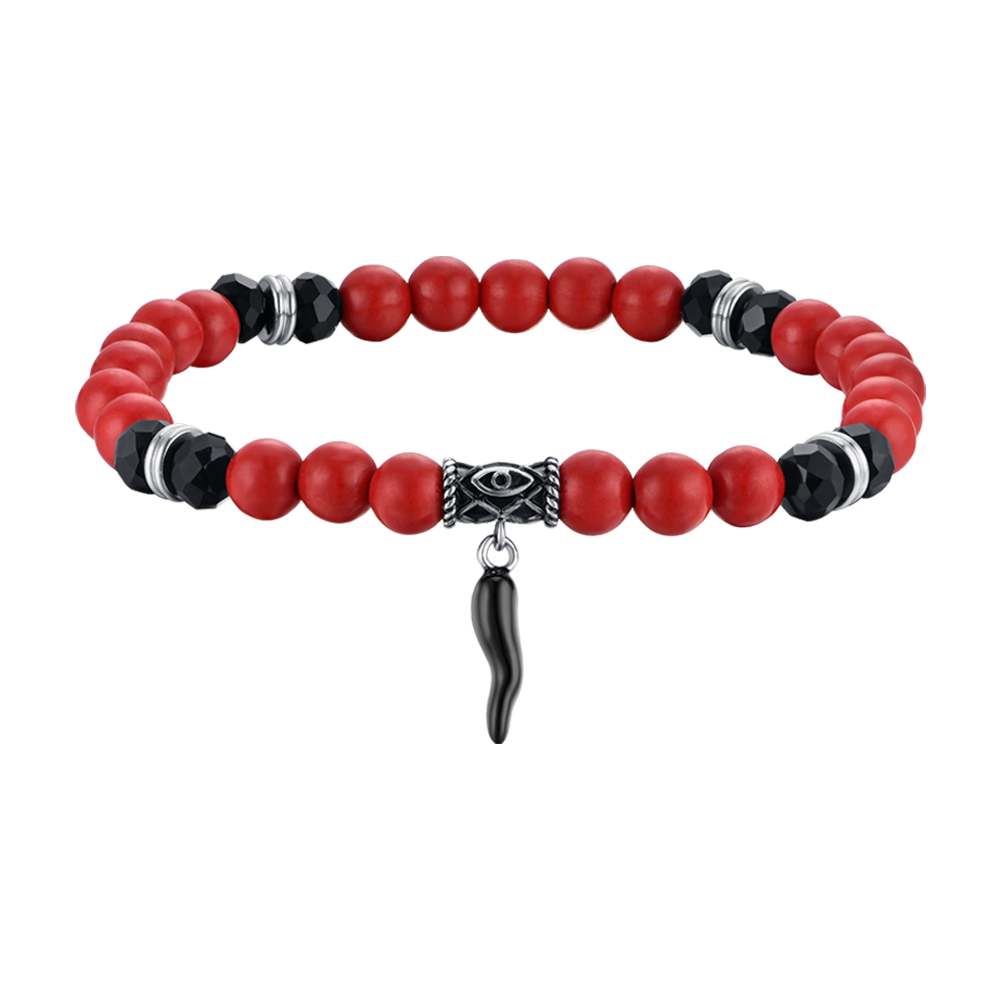 BRACCIALE UOMO ELASTICO CON PIETRE ROSSE E NERE E CORNO NERO