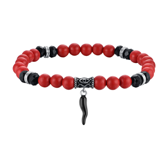 BRACCIALE UOMO ELASTICO CON PIETRE ROSSE E NERE E CORNO NERO