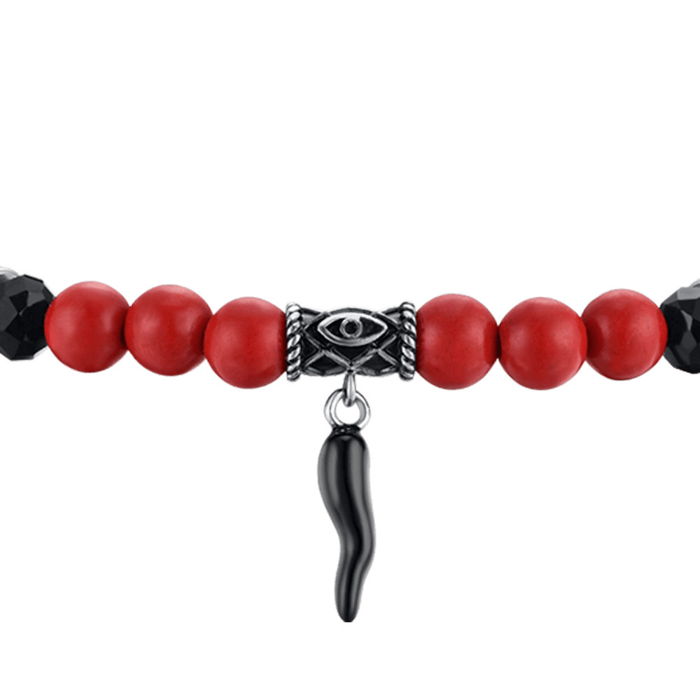 BRACCIALE UOMO ELASTICO CON PIETRE ROSSE E NERE E CORNO NERO