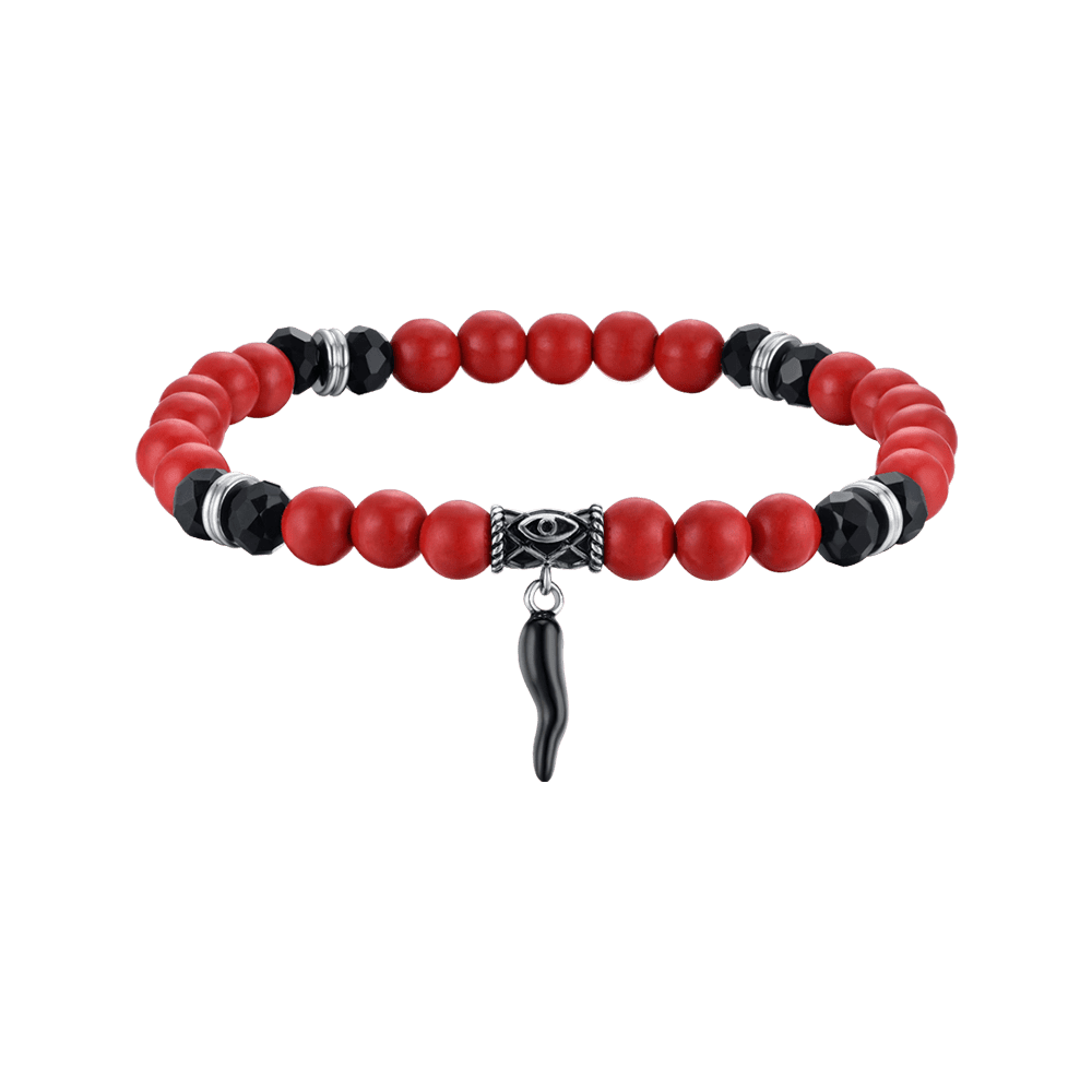 BRACCIALE UOMO ELASTICO CON PIETRE ROSSE E NERE E CORNO NERO