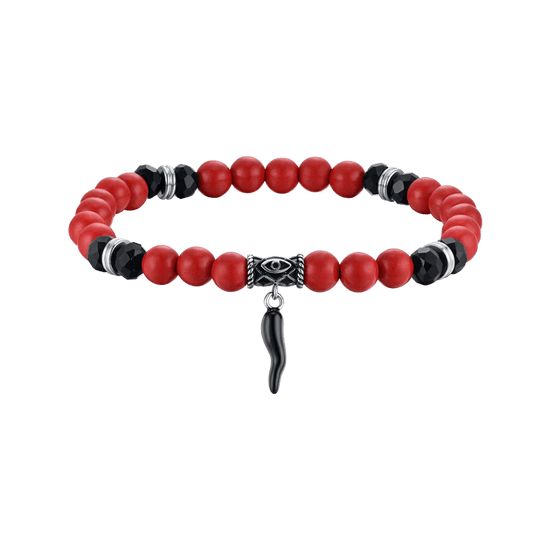 BRACCIALE UOMO ELASTICO CON PIETRE ROSSE E NERE E CORNO NERO