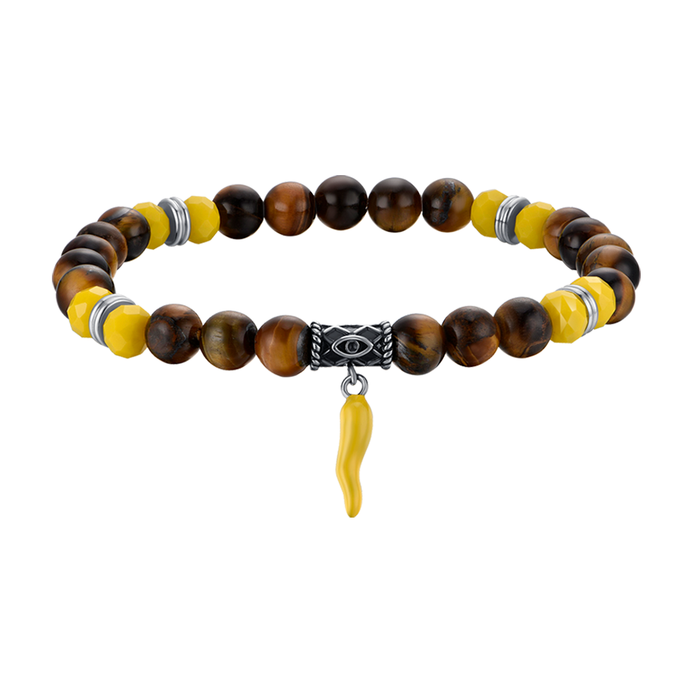 BRACCIALE UOMO ELASTICO CON PIETRE OCCHIO DI TIGRE E GIALLE E CORNO GIALLO