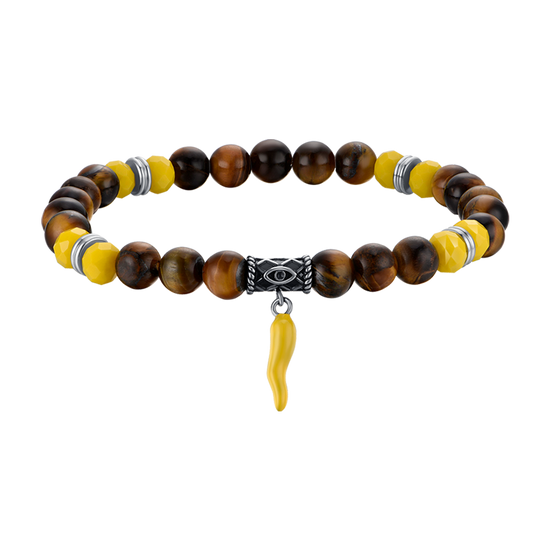 BRACCIALE UOMO ELASTICO CON PIETRE OCCHIO DI TIGRE E GIALLE E CORNO GIALLO