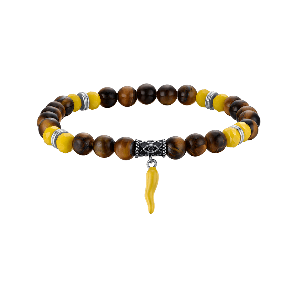 BRACCIALE UOMO ELASTICO CON PIETRE OCCHIO DI TIGRE E GIALLE E CORNO GIALLO