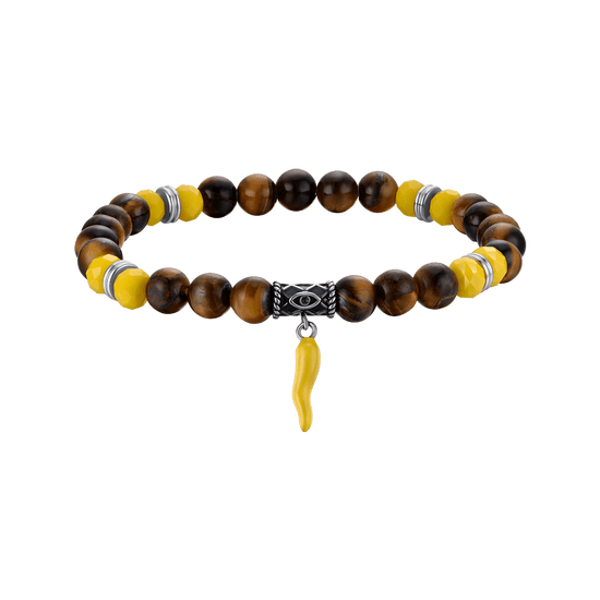 BRACCIALE UOMO ELASTICO CON PIETRE OCCHIO DI TIGRE E GIALLE E CORNO GIALLO