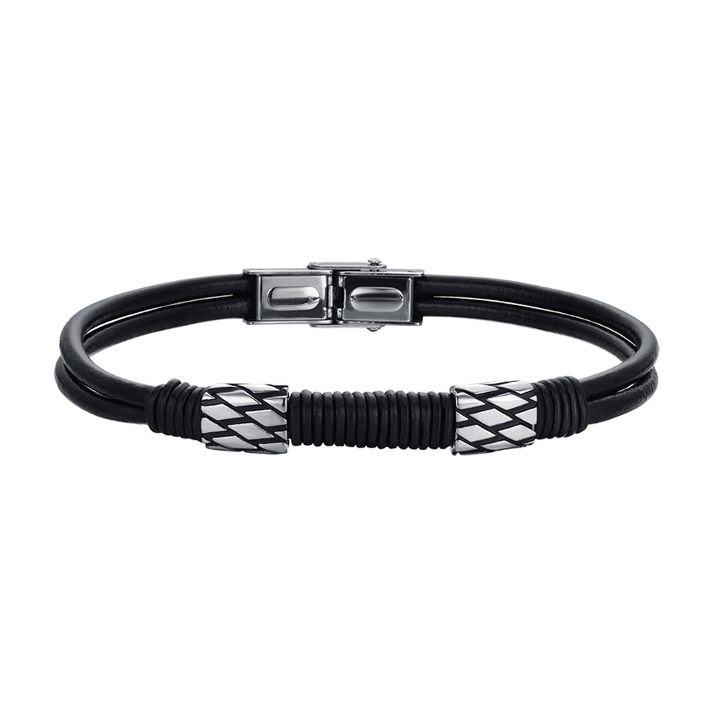 BRACCIALE UOMO IN CUOIO NERO CON ELEMENTI IN ACCIAIO