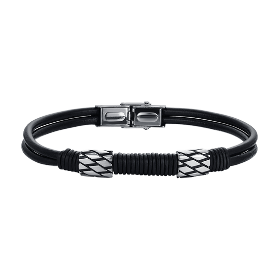 BRACCIALE UOMO IN CUOIO NERO CON ELEMENTI IN ACCIAIO