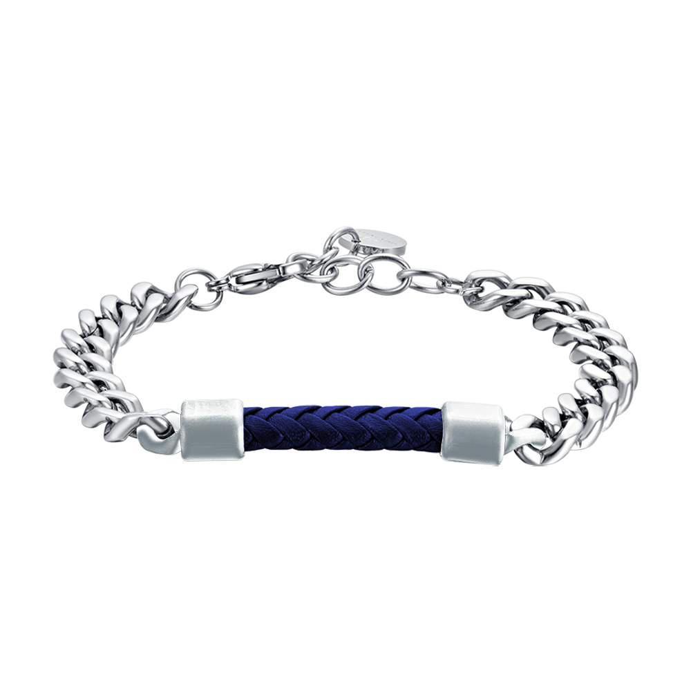 BRACCIALE UOMO IN ACCIAIO CON ELEMENTO IN CUOIO BLU