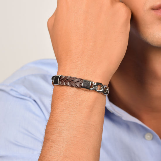 BRACCIALE UOMO IN ACCIAIO CON ELEMENTO IN CUOIO MARRONE