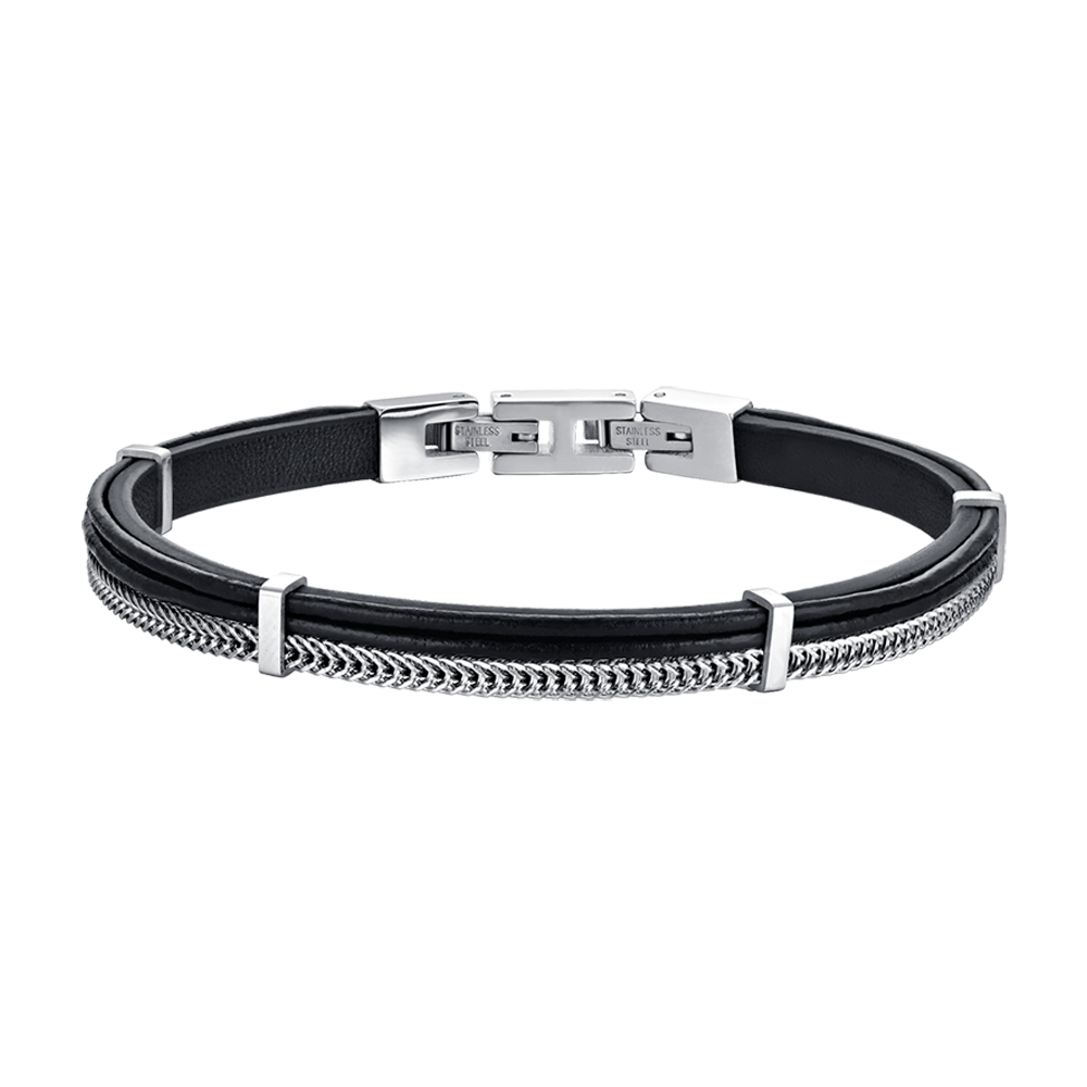 BRACCIALE UOMO IN CUOIO NERO CON ELEMENTI IN ACCIAIO