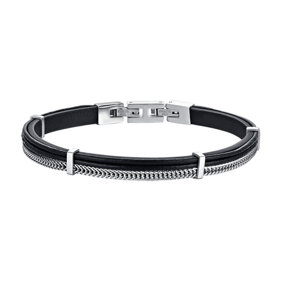 BRACCIALE UOMO IN CUOIO NERO CON ELEMENTI IN ACCIAIO