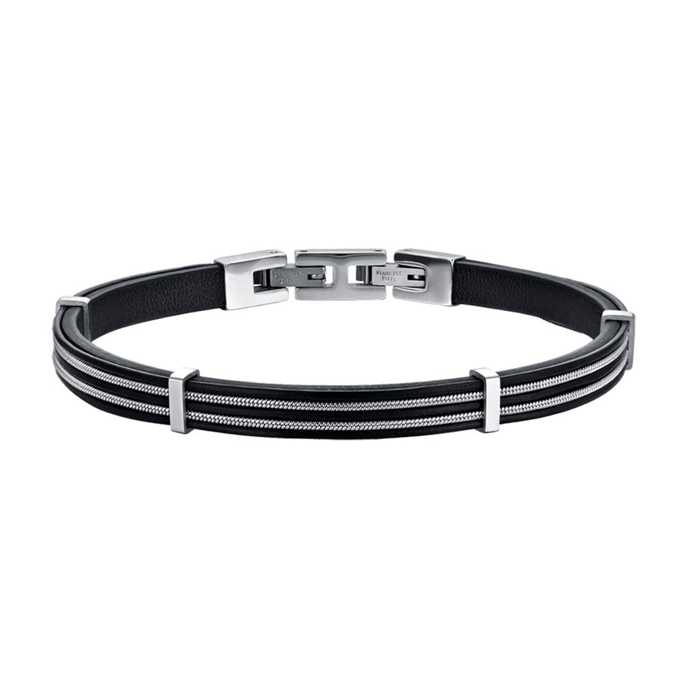 BRACCIALE UOMO IN CUOIO NERO CON ELEMENTI IN ACCIAIO