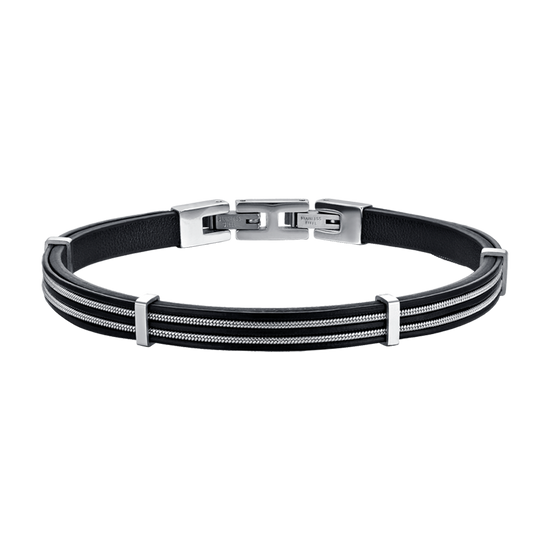 BRACCIALE UOMO IN CUOIO NERO CON ELEMENTI IN ACCIAIO