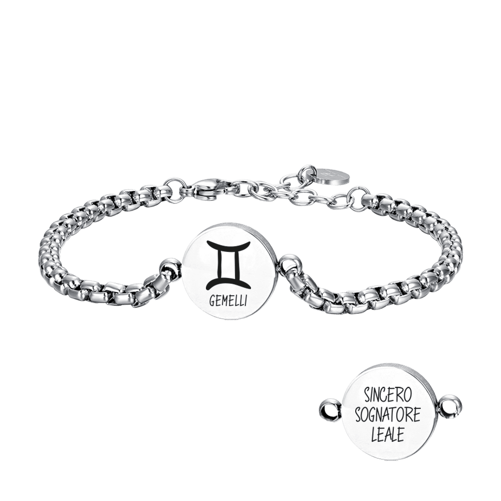 BRACCIALE UOMO IN ACCIAIO SEGNO ZODIACALE GEMELLI PIASTRA