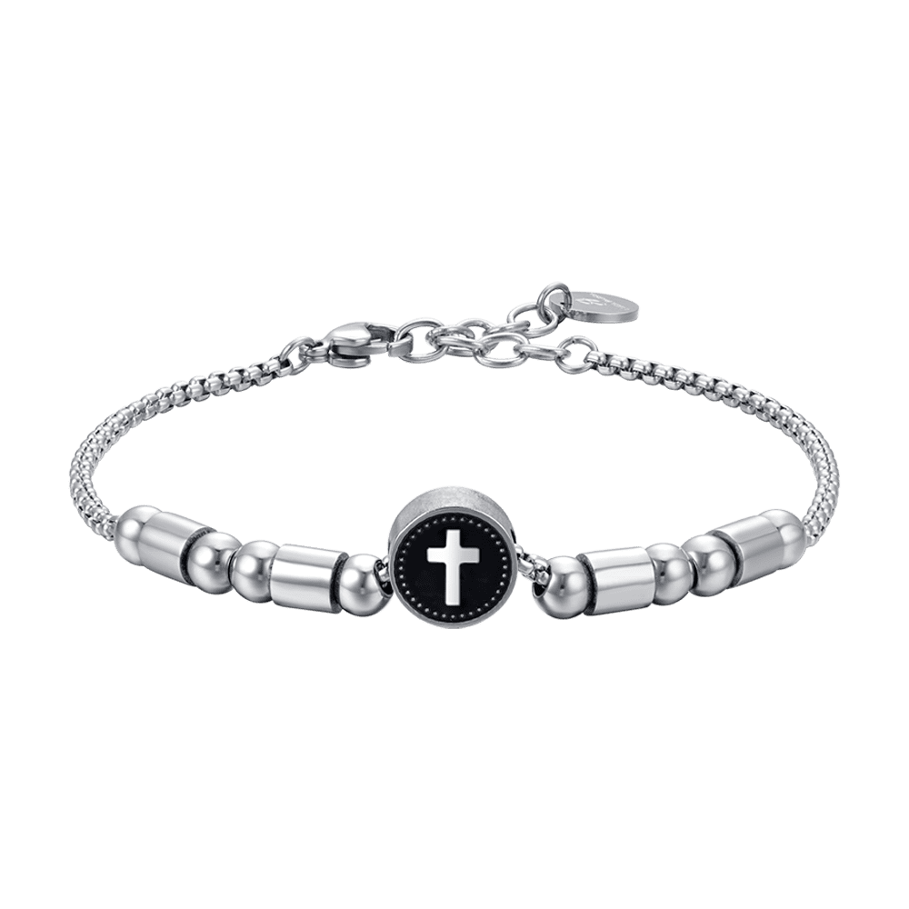 BRACCIALE UOMO IN ACCIAIO ELEMENTO CON CROCE SILVER E SMALTO NERO