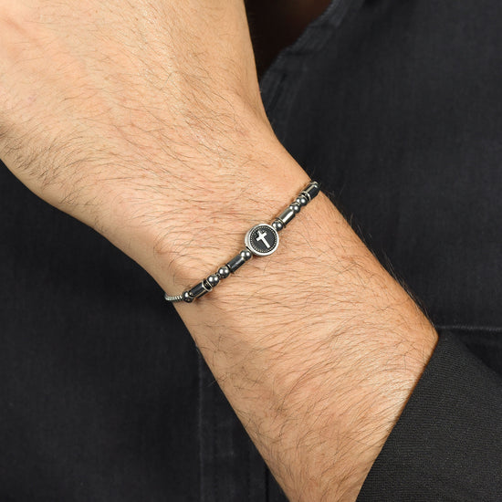 BRACCIALE UOMO IN ACCIAIO ELEMENTO CON CROCE SILVER E SMALTO NERO