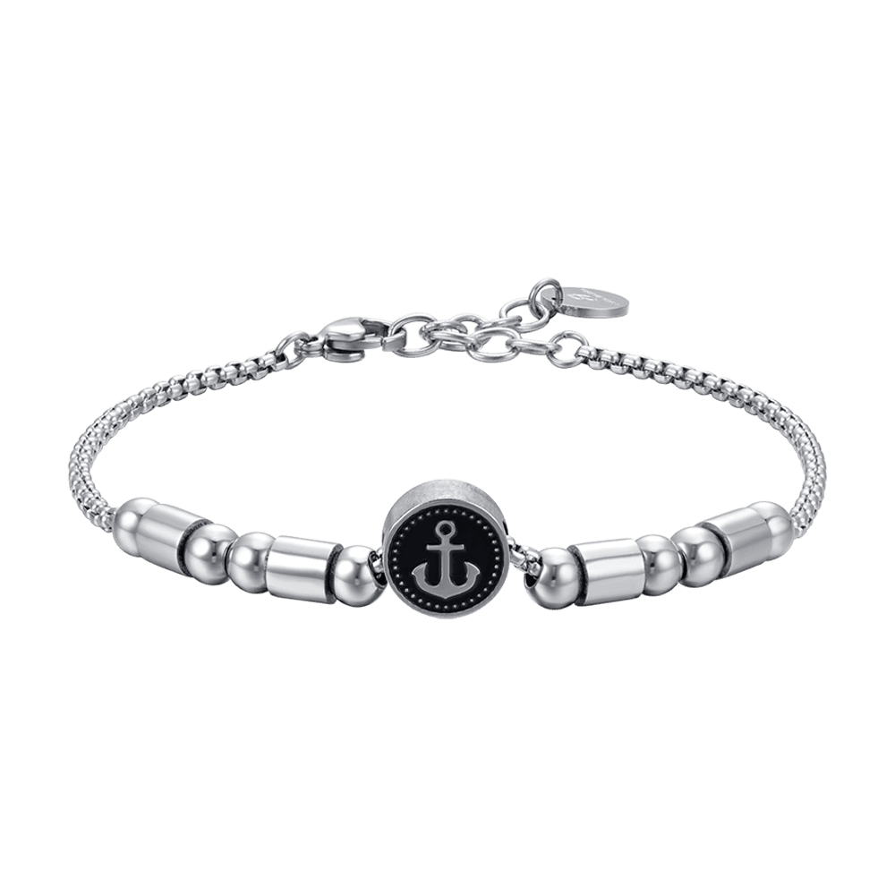 BRACCIALE UOMO IN ACCIAIO ELEMENTO CON ANCORA SILVER E SMALTO NERO